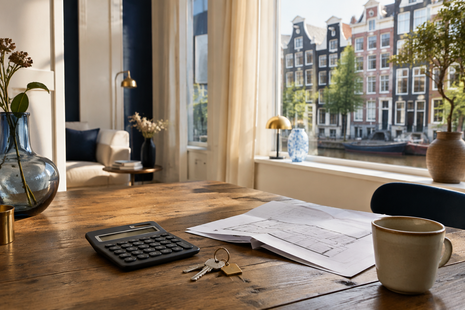 Licht Amsterdams appartement met rekenmachine, sleutels en plattegrond op tafel