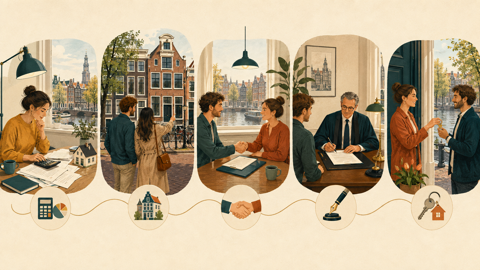 Vijf tekstloze scènes tonen budget, bezichtiging, bod, ondertekening bij de notaris en sleutel bij een Amsterdamse woningaankoop