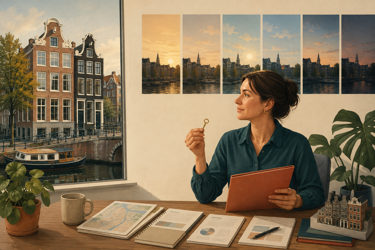 Tekstloze redactionele illustratie van een koper die door een tijdlijn voor een Amsterdamse woningaankoop gaat