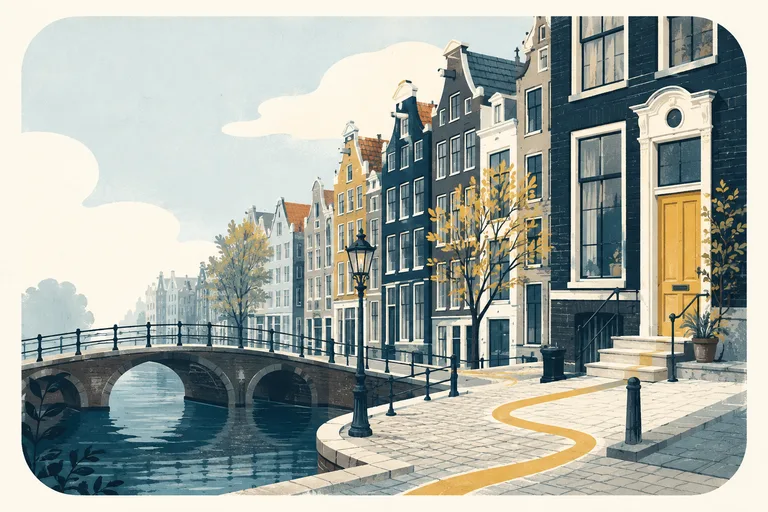 Illustratie van Amsterdamse grachtenpanden, een brug en een pad naar een voordeur.